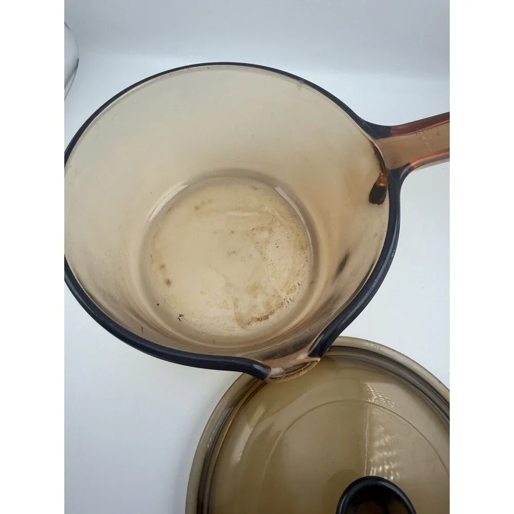 CORNING VISION AMBER Glass 1 Liter Saucepan w/ Spout and PYREX Lid V-1-C A, USA